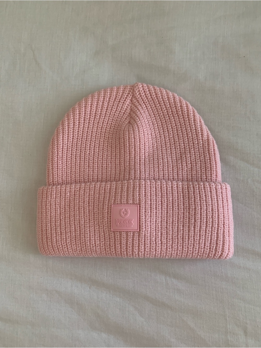 PINK VS Knit Beanie Dollhouse Pink Foldover Logo Patch OS NWT